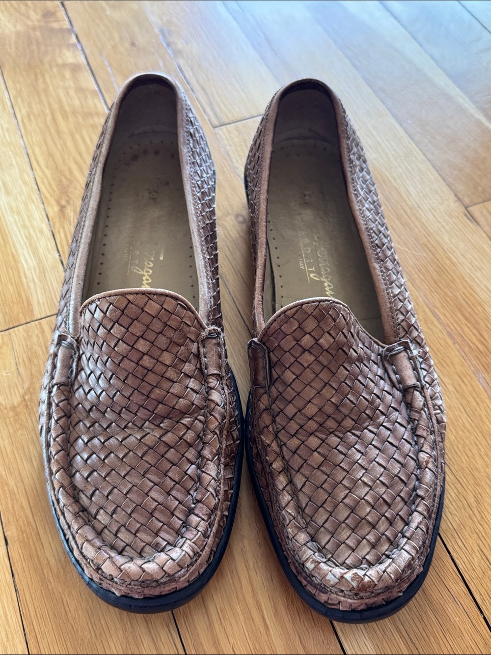 Salvatore Ferragamo Woven Leather Loafers in Taupe Brown